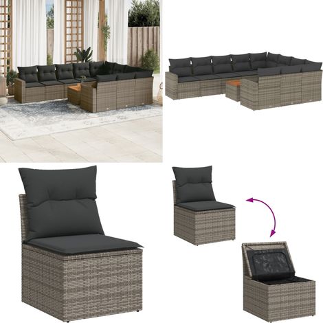 Set de sofás de jardín 11 pzas y cojines ratán sintético gris - Cojines de jardín - Muebles de exterior