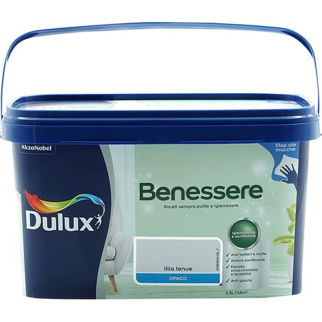 Dulux Benessere Pittura Colorata all'Acqua per Interni Superlavabile Anti Muffa Anti Batteri con Ioni D'Argento, 2.5 Litri, Lilla Tenue, 2.5L (1/3)
