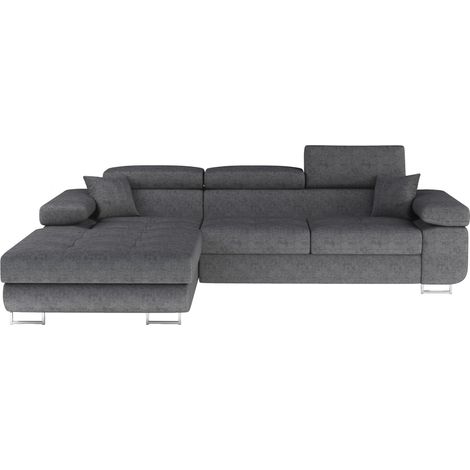 Canapé d'angle convertible velours appuis-tête réglables KALIZO - Coffre et pieds acier chromé angle gauche-Gris-angle gauche (1/5)