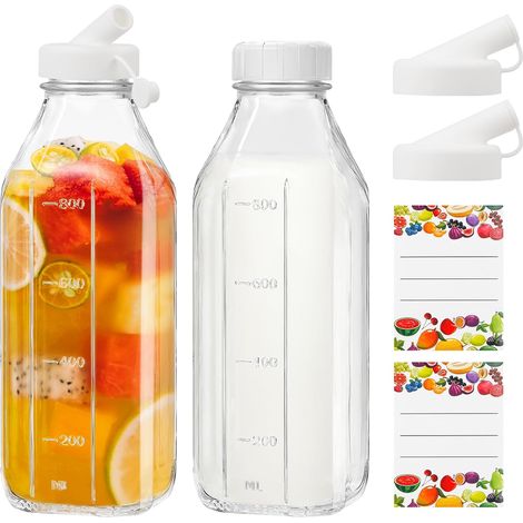 Lot de 2 bouteilles verre 1 litre avec couvercle et autocollant, réutilisables bouteilles de lait en verre pour le lait frais, les smoothies, les jus, le kombucha, le miel (1/5)