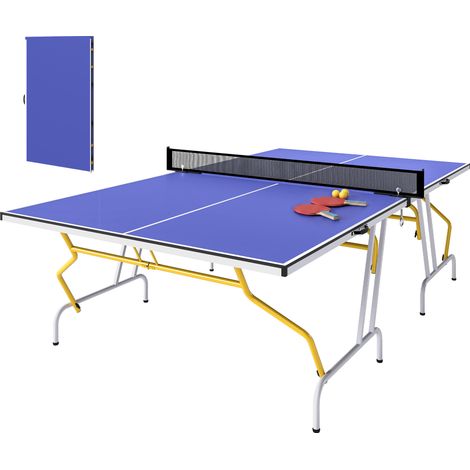 Table de ping-pong pliante, comprenant 2 raquettes, 3 balles et un filet. Usage intérieur. Cadre en métal. Dimensions : 274 x 152 x 76 cm. Couleur : bleue. (1/5)