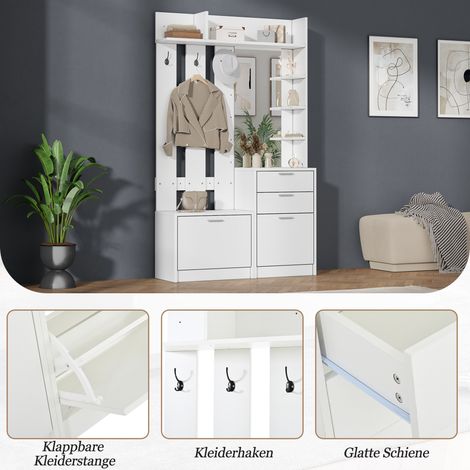 Porte-manteau avec banc à chaussures, meuble d'entrée blanc, 2 tiroirs, 2 armoires à chaussures rabattables, 3 crochets, miroir en verre, 3 étagères latérales, pour couloir, chambre, salon, 110x34x185 (1/5)