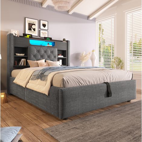 Cama con almacenaje 90x200 cm con LED, USB-C y cabecero con estantes de tela gris (1/5)