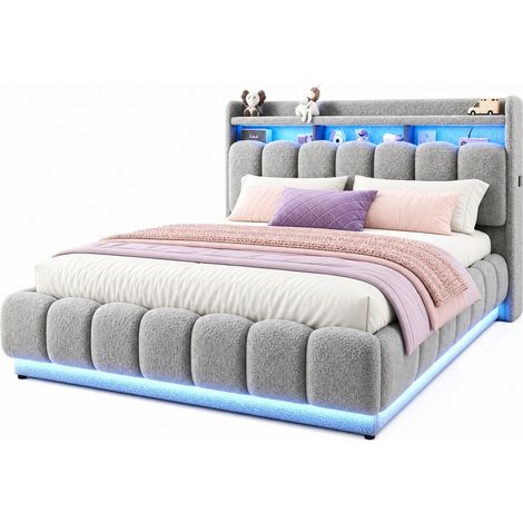 Cama con Canapé 180 x 200 cm de Tela Bouclé con LED, USB y Enchufe, Almacenaje Hidráulico, Gris (1/5)