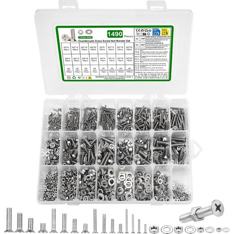 Kit de 1490 Vis et Écrous M2-M5 - Acier Carbone Argenté - Tête Fraisée Cruciforme - Pour Mécanique et Bricolage - Assortiment Complet (1/5)
