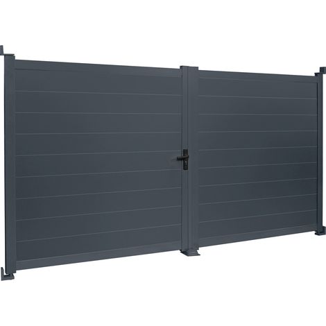 Idmarket – Portail aluminium battant 302x160 cm gris anthracite – Ouverture large – Verrouillable avec serrure à clé – Résistant aux intempéries