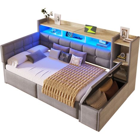 CHICFURN Sofá cama de 90 x 190 cm en terciopelo gris oscuro, con dos cajones, estante, USB y USB-C, tira LED multicolor y almacenamiento extra, sin colchón (1/5)