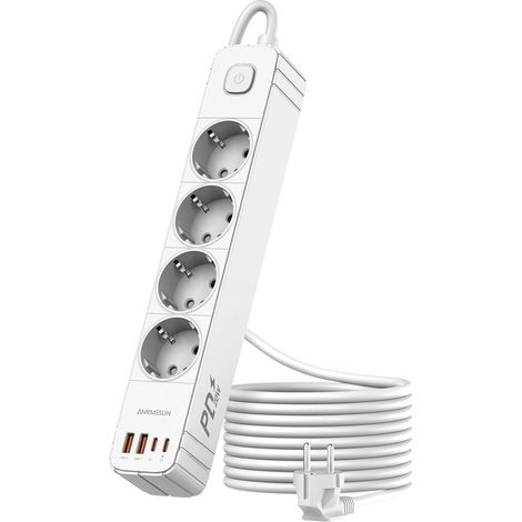 Multiprise 4 Prises avec 4 USB(2 USB-C PD 20W), Multiprise Parafoudre et Surtension avec Interrupteur et Câble de 1,9 m, Prise Plate Fixation Murale pour Maison Bureau (1/5)