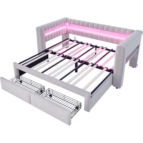 Sofá cama tapizado 90 x 190 cm extensible con cajones, LED y USB tipo C, terciopelo gris claro (1/5)