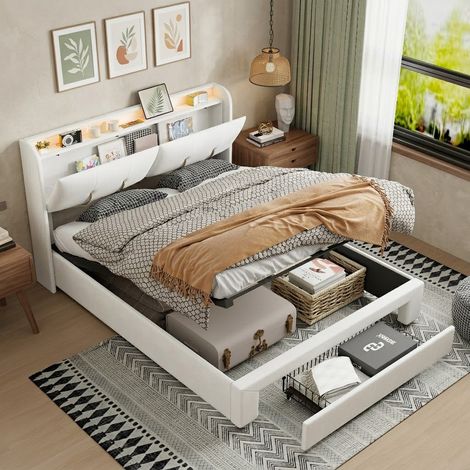 Lit coffre 160x200, lit double avec sommier à lattes et 1 tiroir, tête de lit rembourrée avec rangement et led, usb et type-c, beige velours (1/5)