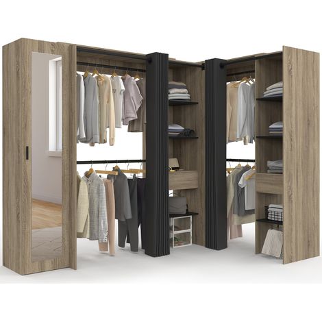 Ausziehbarer Eckkleiderschrank MARLON 230 x 140 x 180 cm cm Buche mit Kleiderschränken + Regalen + Spiegel + schwarzen Vorhängen