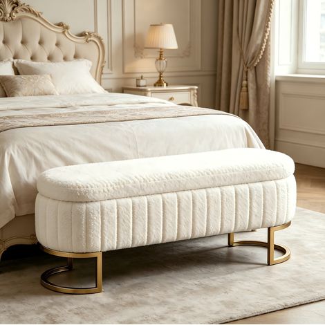 Banc de rangement 129,5 x 42 x 46 cm en velours, pieds en métal doré, coloris crème DESVIAE (1/5)