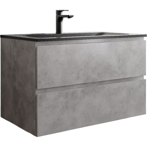 BERNSTEIN - Mobile lavabo sospeso MDF effetto cemento, lavello Ghisa nero opaco + foro rubinetto - 80x46x50cm - AVA BRUSSELS	Calcestruzzo, Nero opaco con foro rubinetto