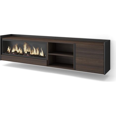 Skraut Home - Mueble TV, Televisión, Muebles de salón, almacenaje, 212x35x50cm, Para TV hasta 80", Chimenea eléctrica XXL, Colgado, Suspendido, Estilo Moderno, Roble oscuro y Negro (1/5)