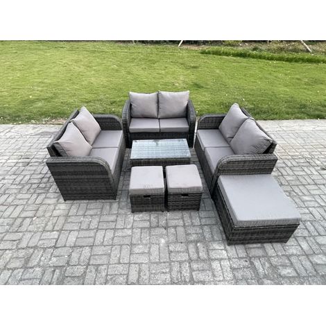 Fimous Ensemble de meubles de jardin en polyrotin 9 places avec Table basse rectangulaire Canapé d'amour 3 Tabourets Gris foncé mixte (1/5)