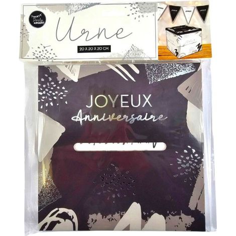 Urne - Noir blanc argent - Carré - Joyeux anniversaire - Cagnotte - Carton - 20x20x20cm - Party Argent