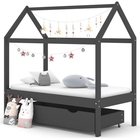 Lit adulte Cadre de lit Facile à monter pour Adultes, Adolescents, Enfants d'enfant avec un tiroir Gris foncé Pin 70x140 cm BNDET7980506 (1/5)