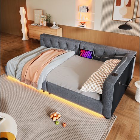 Letto divano 90x200 cm in lino grigio con rete a doghe, testiera trapuntata, USB e USB-C, LED 7 colori