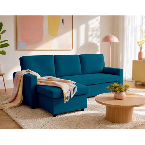Meiya - 4-sitzer-wendeecksofa schlaffunktion und bettkasten aus stoff - blau (1/5)