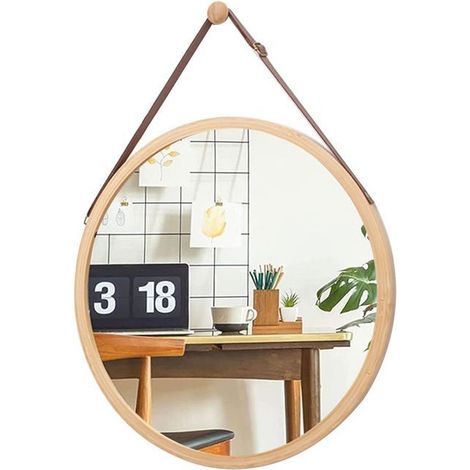 1 Wandspiegel, rund, 45 cm Durchmesser, Rahmen aus natürlichem Bambus, verstellbarer Riemen, für Badezimmer, Schlafzimmer, Wohnzimmer