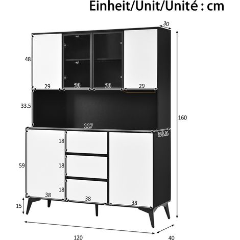 Vitrine haute noire et blanche, buffet avec étagères vitrées, meuble de rangement pour cuisine ou salon, armoire à 3 tiroirs, support doré en verre, teinte modulable par application (1/5)