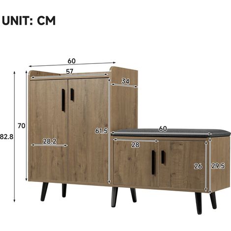 Banc à chaussures moderne avec finition imitation bois, meuble à chaussures, quatre portes de rangement, poignées métalliques asymétriques, L120/P34/H82,8 cm (ANCIENNE RÉFÉRENCE : N657P242917N) (1/4)