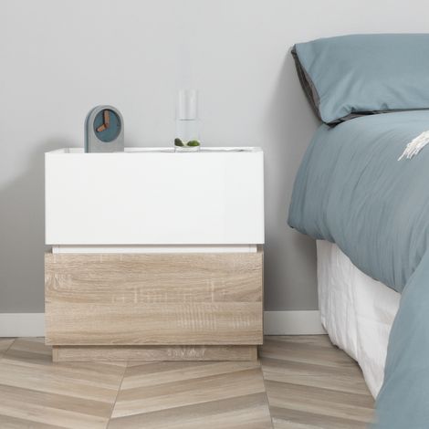 Stapelbarer Nachttisch, Beistelltisch mit 2 Schubladen für Schlafzimmer und Wohnzimmer – weiß und natur