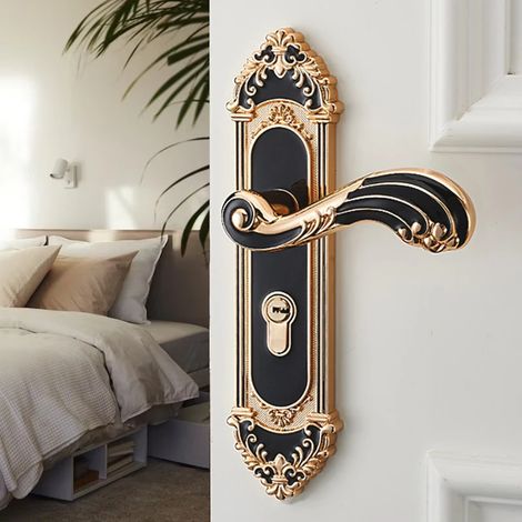(Noir) Serrure de porte dorée de style européen avec clé, entrée sécurisée, fonctionnement silencieux, antivol. (1/3)