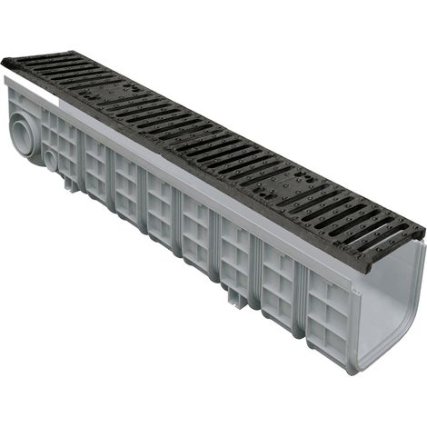 First Plast – Caniveau d'évacuation emboîtable polypropylène 1 mètre – Grille fonte C250 – Largeur 130mm – Système modulaire pour béton (1/3)