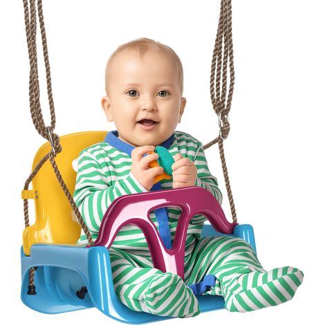 3-in-1 Kinderschaukel, höhenverstellbar – abnehmbare Rückenlehne für drinnen und draußen, 42 x 33 x 180 cm – Blau und Gelb