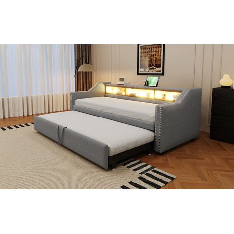 Canapé lit gigogne 90x190 cm extensible en 180x190 cm gris foncé avec LED, USB, rangements, sommier à lattes inclus et 2 matelas ressorts H3 (1/5)