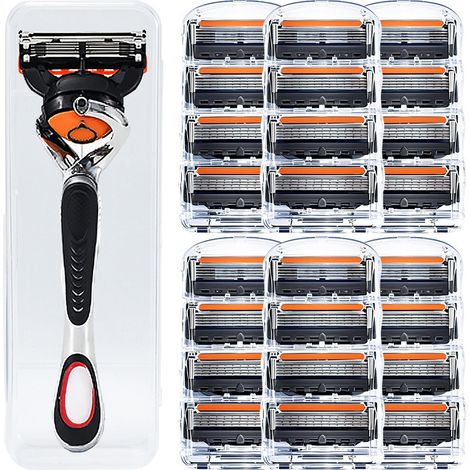 Rasoir manuel à 5 lames — Rasoir pour hommes de style classique avec tête pivotante(1 manche de rasoir + 24 cartouches de lames orange et noires + étui)