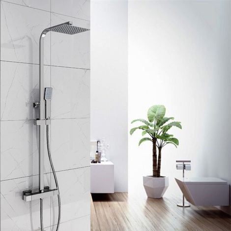 AICA Columna de Ducha, Rociador de Acero Inoxidable con Termostato Anti-quemadura, Barra regulable 80-120cm, Ducha Lluvia (1/5)