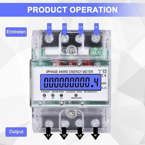Compteur électrique numérique - Compteur électrique triphasé à 4 fils, compteur d'électricité 3x230/400V 5(80) A calibré, compteur d'énergie pour rail DIN, compteur électrique calibré