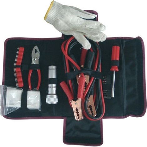 TRADE SHOP - Valigetta Kit Emergenza 8pz Cavi Batteria Guanti Pinza Cacciaviti Bussole Auto -