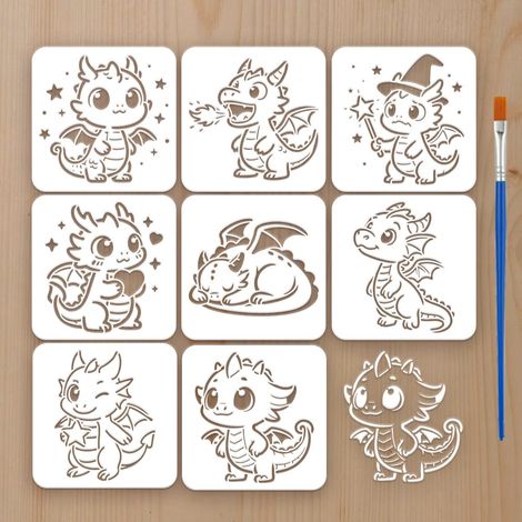 8Pcs Pochoir Dragon 20x20cm Pochoirs Motif Dragon Mignon Modèle de Dessin Décoratif Dragons Cartoon Réutilisable Avec Un Pinceau pour Peinture sur Murs Bois Tissu Meuble DIY Décor (1/5)