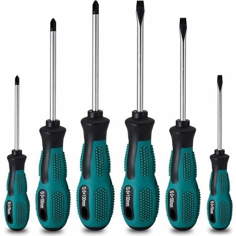 Lot de 6 tournevis magnétiques – Acier CRV anti-oxydation – 3 têtes plates et 3 cruciformes – Poignée ergonomique antidérapante (1/3)