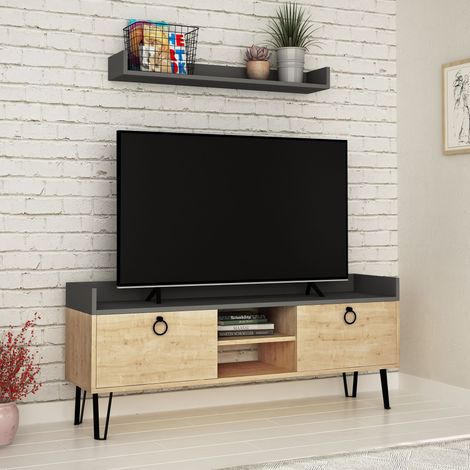 Decortie Keday Modern TV Stand Multimedia Centre TV Unit With Wall Shelf Unit 140cm - Oak / Anthracite Grey (1/4)