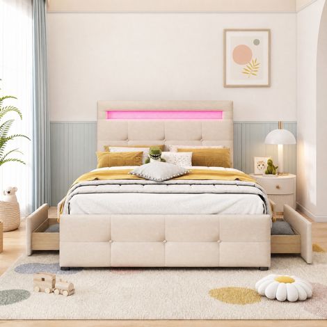 Cama individual 90x200 cm LED, 2 cajones, beige, madera y tela, sin colchón FloraGrace (1/5)