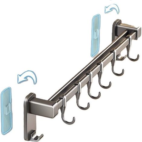 Étagère murale de cuisine - crochets de suspension - Support pour ustensiles de cuisine et casseroles - Organisateur de cuisine - Inclus 6 crochets - autocollant - Pour suspendre des casseroles - gris (1/4)