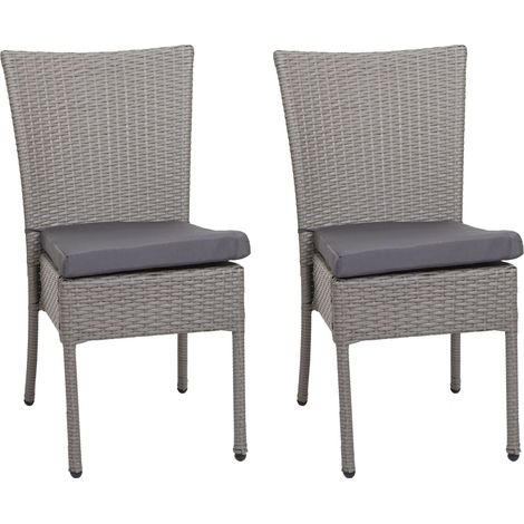 Lot de 2 chaises en poly rotin HHG-949 chaise de jardin, empilable, gris, coussin gris foncé