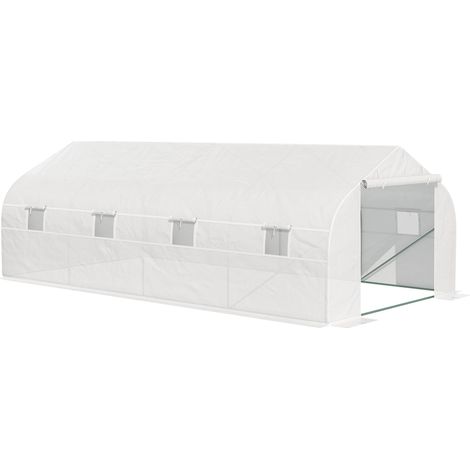 Serre Tunnel de Jardin 18 m² dim. 5,95L x 3l x 2H m portes + 8 fenêtres enroulables Acier galvanisé bâche PE Haute densité Blanc