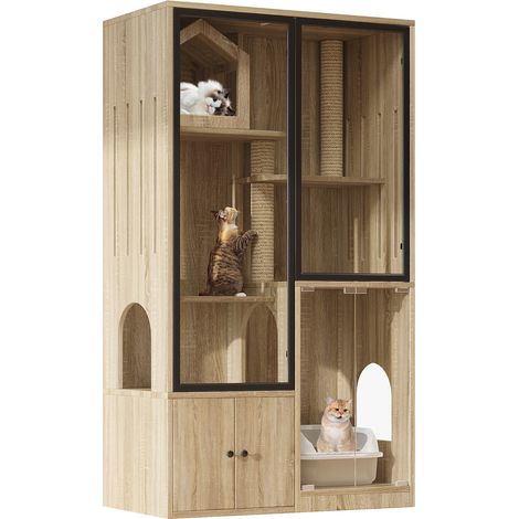 Maison pour chat vitrée à 4 niveaux avec rangement et griffoir, meuble stable en MDF et verre trempé, design bois clair pour salon ou balcon, 90 x 50 x 160 cm - CHICFURN (1/5)