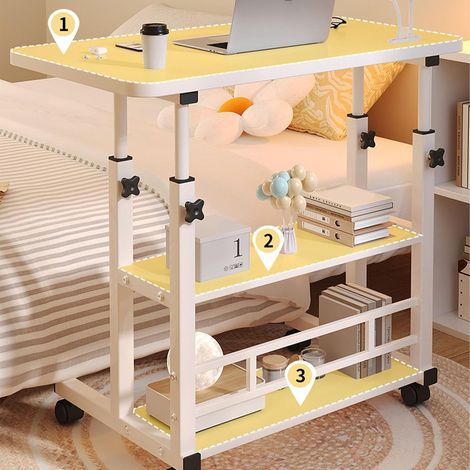 Mobile Bedside Table with Wheels, 3-Level Height Adjustable Laptop Desk for Bedroom, Dormitory, Office (1/5)