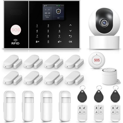 1 Kit Système Alarme GSM WiFi 4G Caméra 3MP Capteur Mouvement Sirène 120dB Maison
