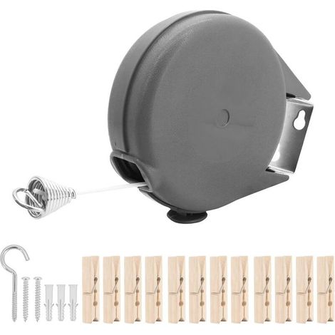 Corde à linge rétractable pour intérieur/extérieur - 12 m de long - Corde à linge portable avec clip en bois - Corde à linge rétractable pour camping (1/5)