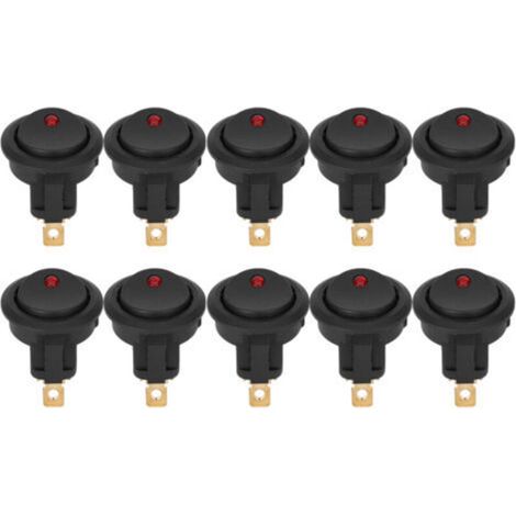Interruptor basculante SPST redondo impermeable de 12 V, encendido/apagado, 10 unidades, foco LED, terminal plateado de 3 pines - Crezuo