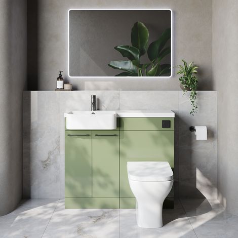 Napoli 250 Olive Green 1000mm 2 Door Vanity Unit Toilet Suite with Left Hand Round Rico Semi Recessed Basin - 1000mm - Gunmetal Grey 160mm HandleWith Kingston Toilet Pan and Seat