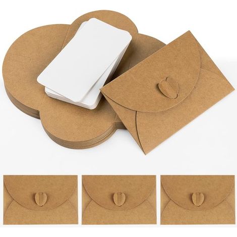 Lot de 50 mini enveloppes avec 50 cartes, papier kraft vintage avec fermeture en cœur, petites enveloppes cadeaux 10,3 x 7 cm pour cartes cadeaux, mariages et remerciements, marron (1/5)