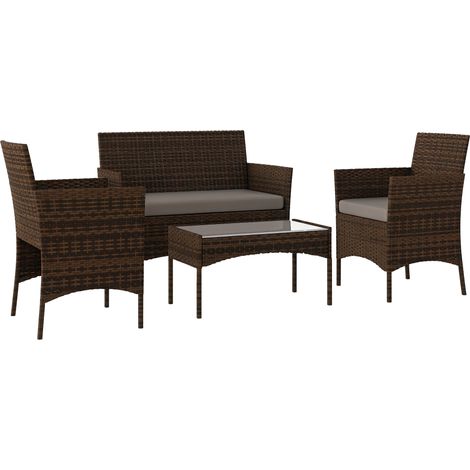 Set di mobili da giardino in rattan sintetico con divano, poltrone, tavolo in vetro temperato e cuscini marroni e grigi.